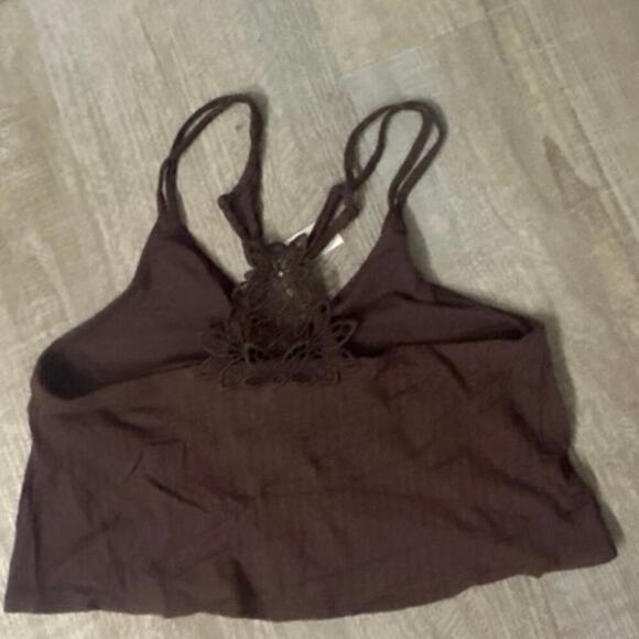 AERIE American Eagle NWT Ribbed Knit Racer Back Crochet Crop Top Brown LRG - Picture 6 of 11